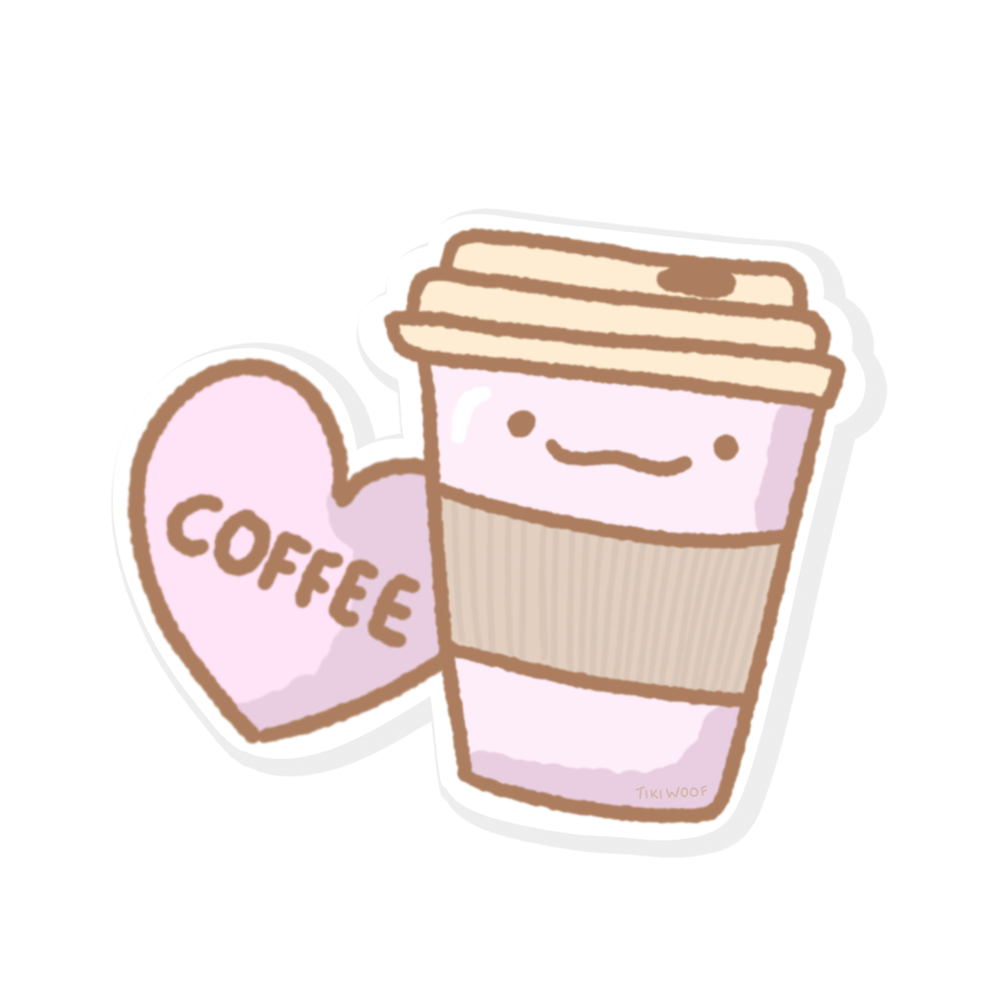 Cute pastel coffee cup sticker with a smiling takeaway cup and pink heart labeled “Coffee,” kawaii illustration on white background.