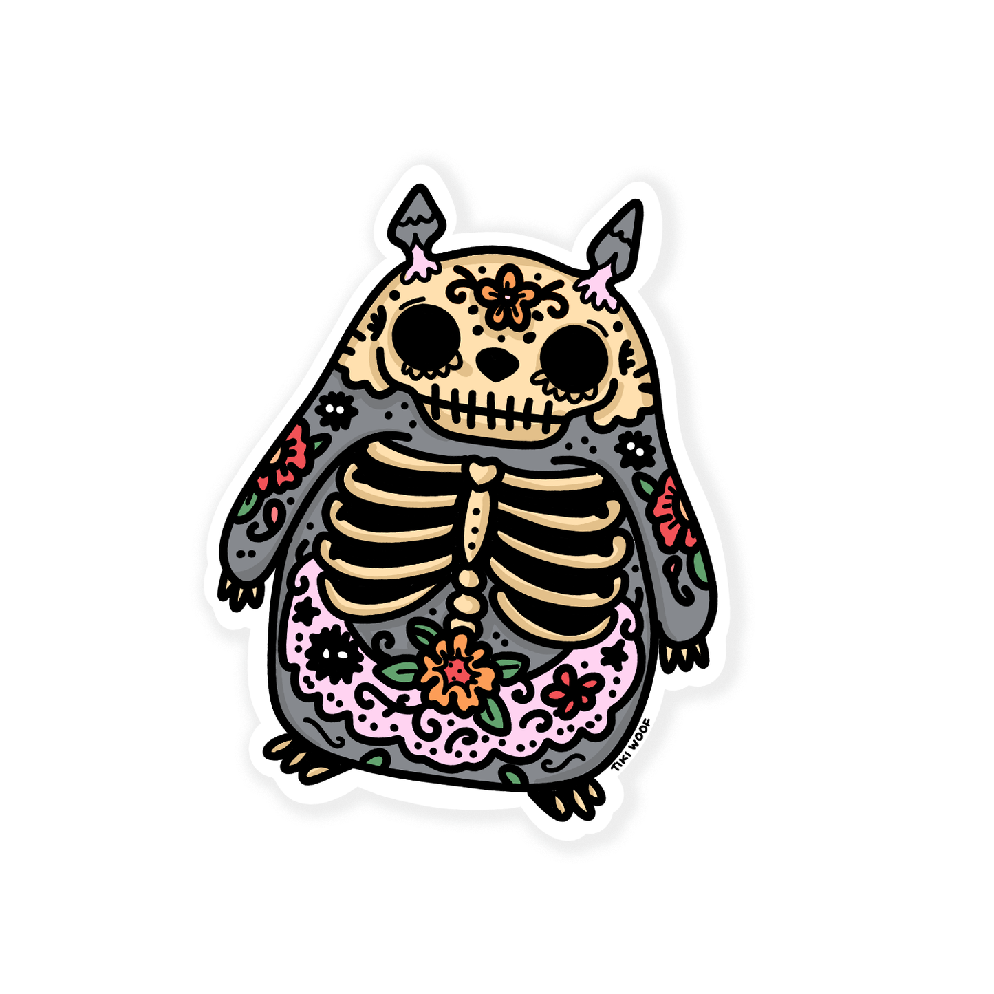 Totoro-inspired sticker with skeleton ribs and colorful floral sugar skull patterns, Day of the Dead themed vinyl sticker on white background.