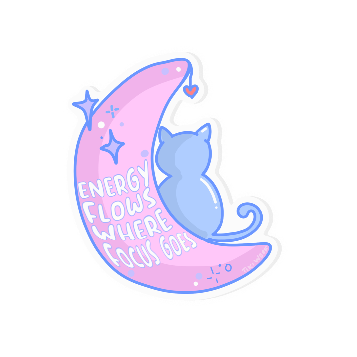 Pastel sticker with a blue cat sitting on a pink crescent moon, featuring the quote “Energy Flows Where Focus Goes,” cute motivational vinyl sticker with stars and heart details.