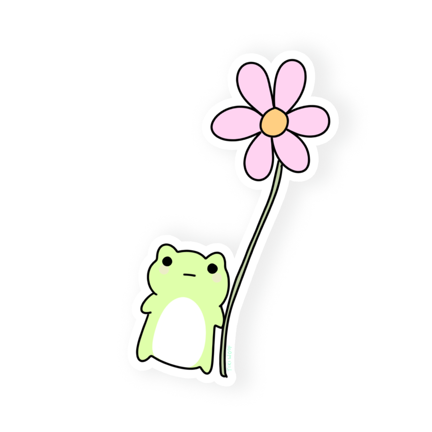 Minimalist pastel green frog sticker standing under a tall pink flower with yellow center, cute kawaii-style vinyl sticker on white background.