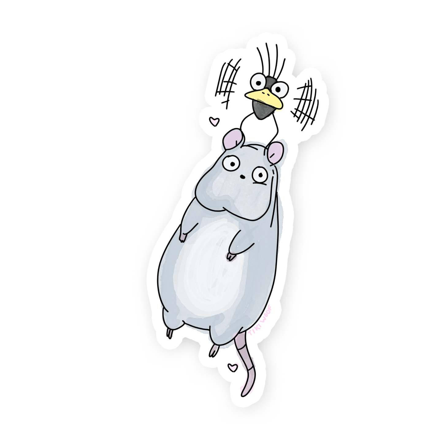 Cute pastel sticker of the Ghibli mouse standing upright with a small black bird with a yellow beak sitting on its head.```