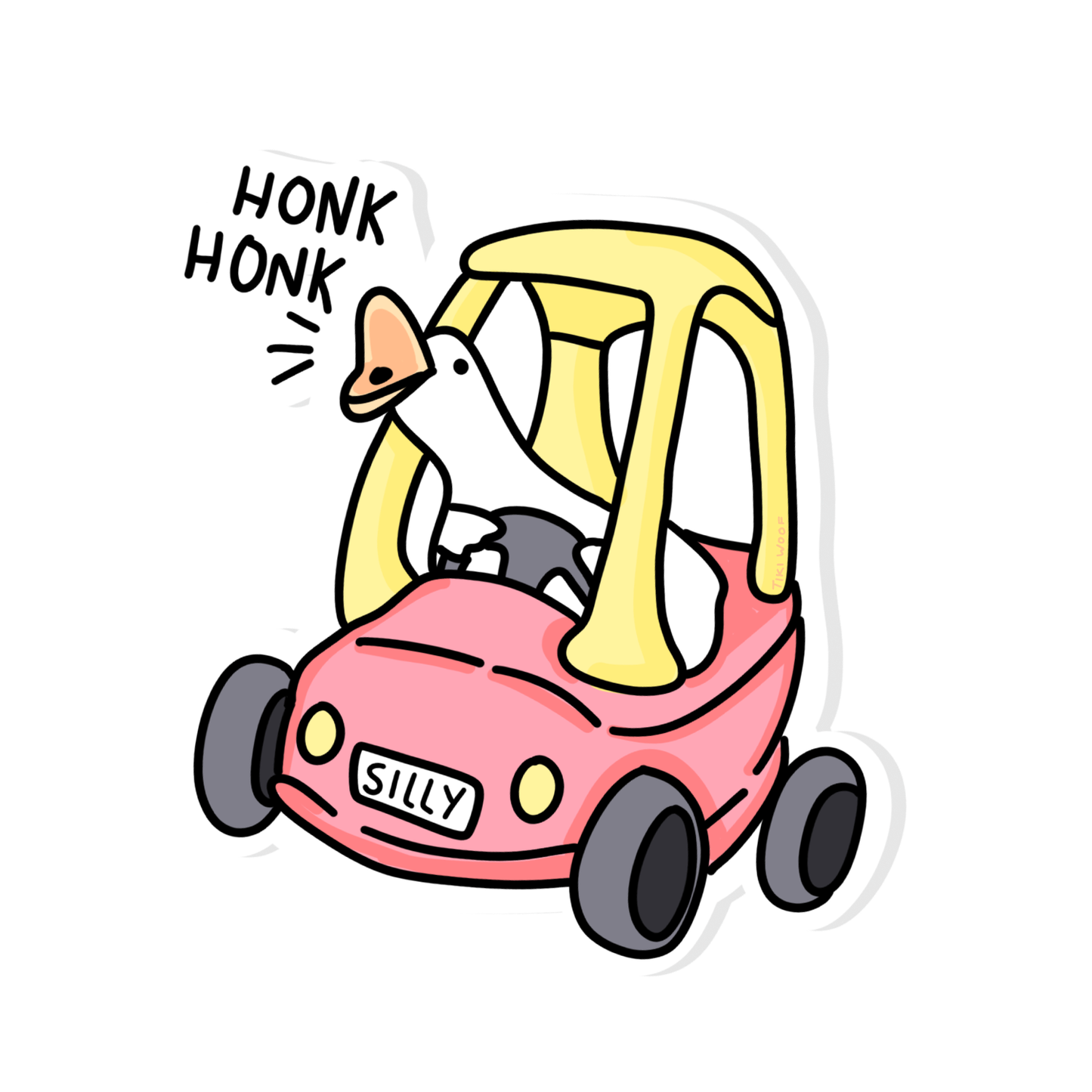 Funny sticker of a white goose driving a yellow and red toy car with a “SILLY” plate and speech bubble saying “Honk Honk,” humorous vinyl sticker on white background.