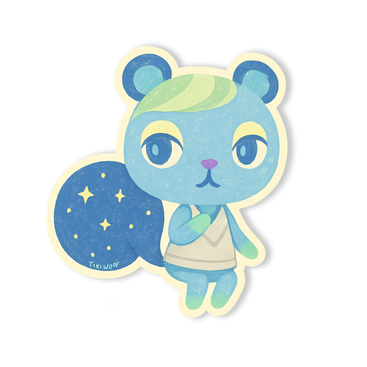 Pastel Ione-inspired sticker featuring a blue squirrel with green hair and a starry galaxy tail, soft kawaii-style vinyl sticker on white background.