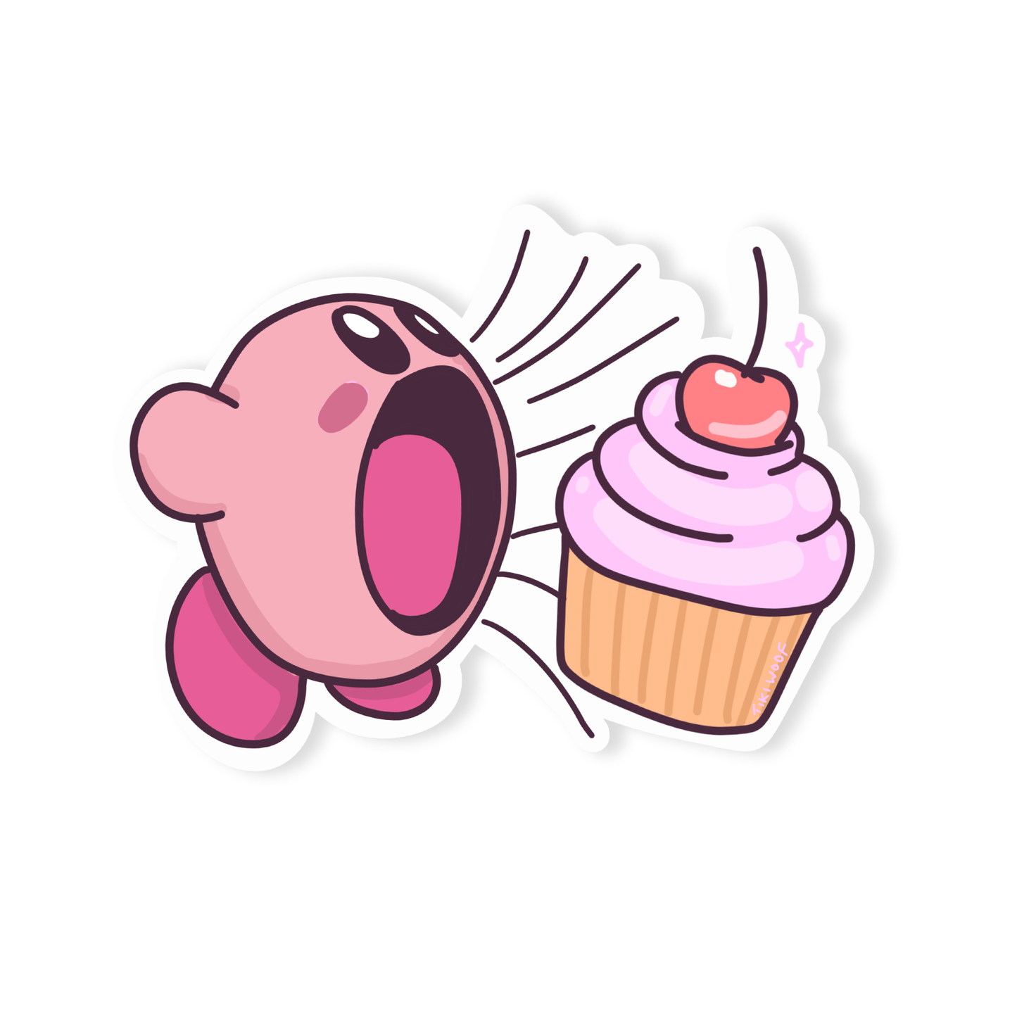 Kawaii sticker of a pink Kirby-like character with mouth open wide reaching for a pink cupcake topped with a cherry, cute gamer vinyl decal design.