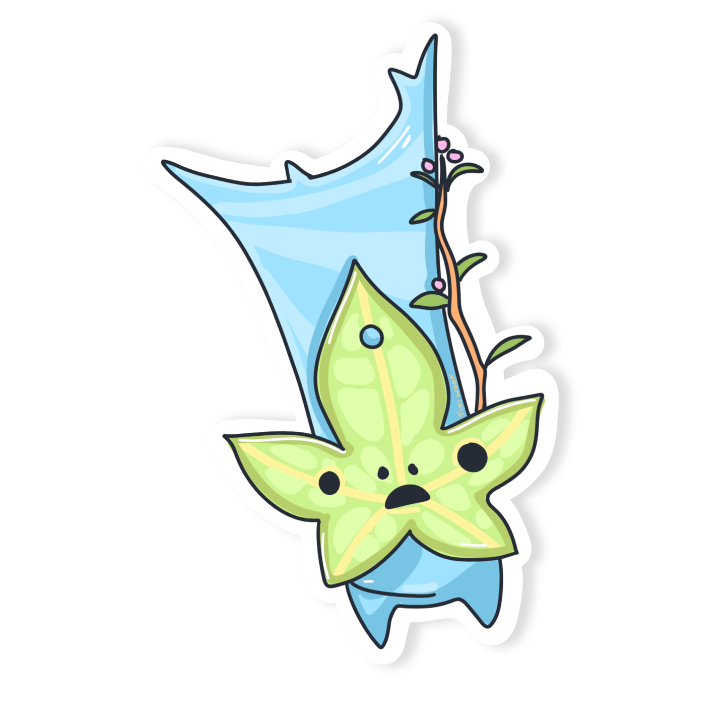 Cute pastel sticker of a small green leaf spirit character with a whimsical face, standing with a twig and leaf details, inspired by forest creatures.