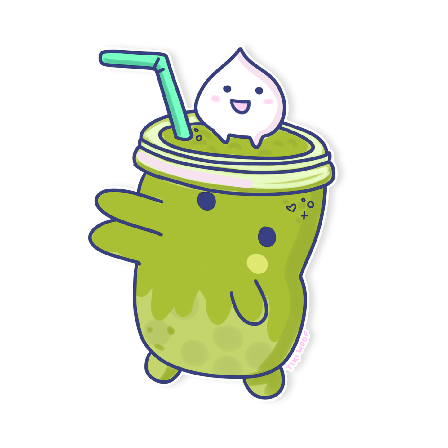 Cute Tamagotchi-inspired sticker of a green matcha bubble tea creature with boba pearls and a smiling whipped cream friend on top.