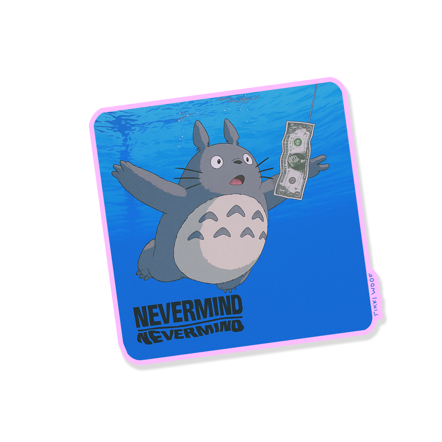 Funny sticker showing Totoro underwater reaching for a dangling dollar bill, parodying Nirvana’s Nevermind album cover.```