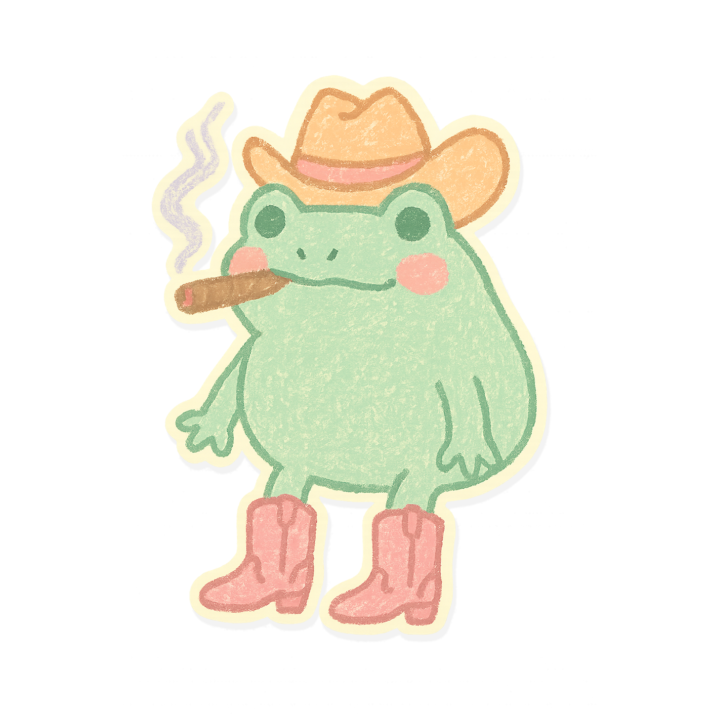 Funny pastel frog sticker wearing a cowboy hat and pink boots while smoking, drawn in a soft crayon-style texture.```