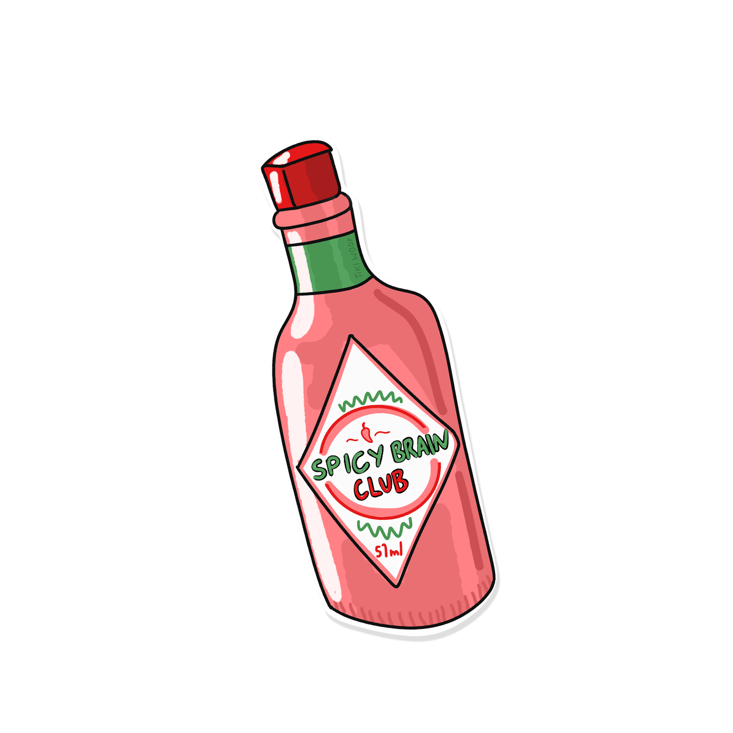 Cute pink hot sauce bottle sticker labeled “Spicy Brain Club” with red and green details, illustrated in a playful hand-drawn style.