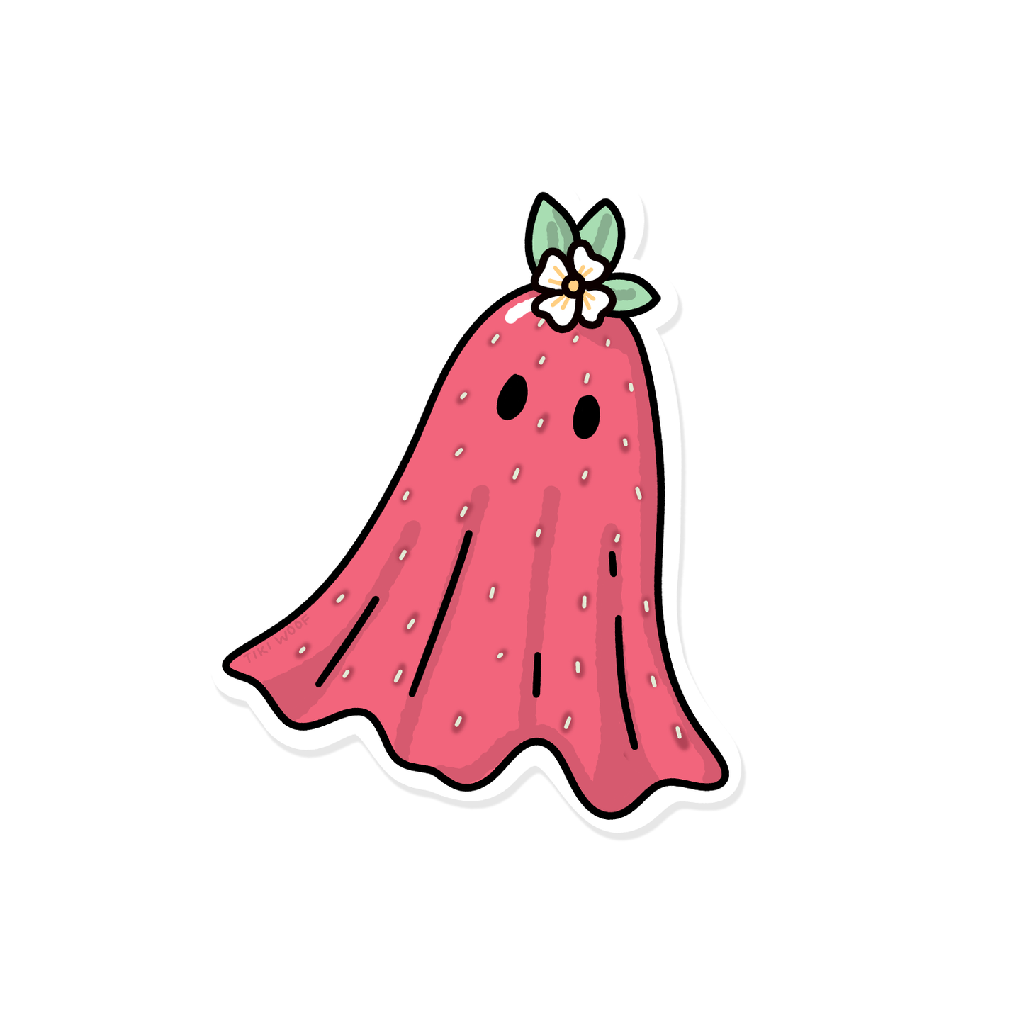 Cute pink ghost-shaped sticker resembling a strawberry with a small white flower and green leaves on top.```