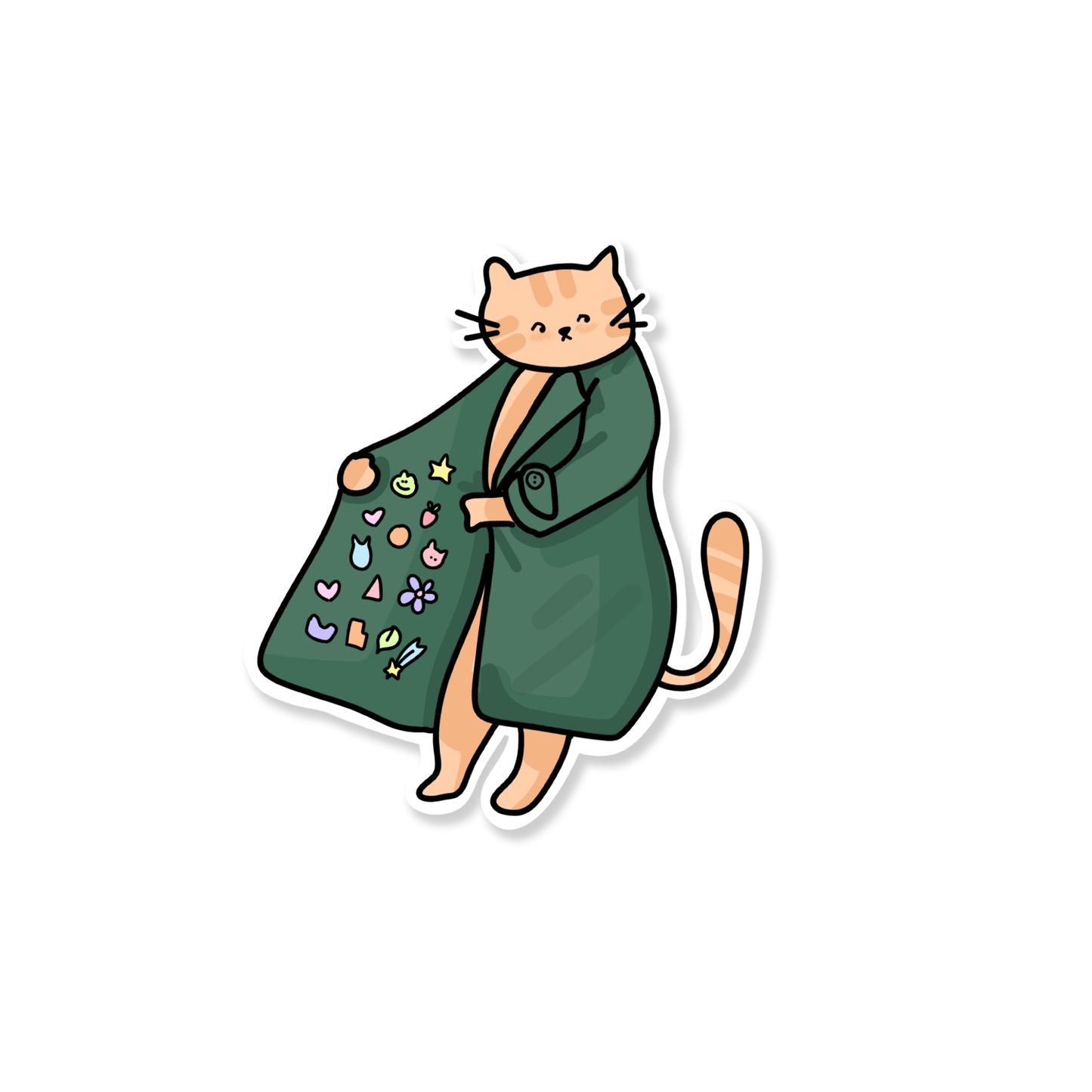Cute orange cat in a green trench coat showing off a collection of colorful stickers inside the coat.```