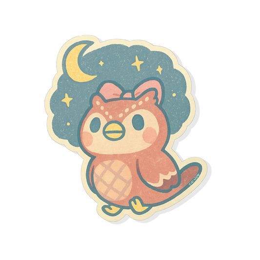Pastel vintage-style owl sticker inspired by Celeste from Animal Crossing, featuring a crescent moon and stars in the background. Hand-drawn by Tiki Woof Studio.