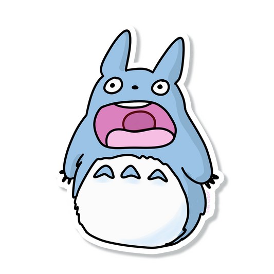 Cute blue Totoro sticker in a kawaii hand-drawn style, featuring a surprised expression and white belly — handmade vinyl sticker by Tiki Woof Studio.