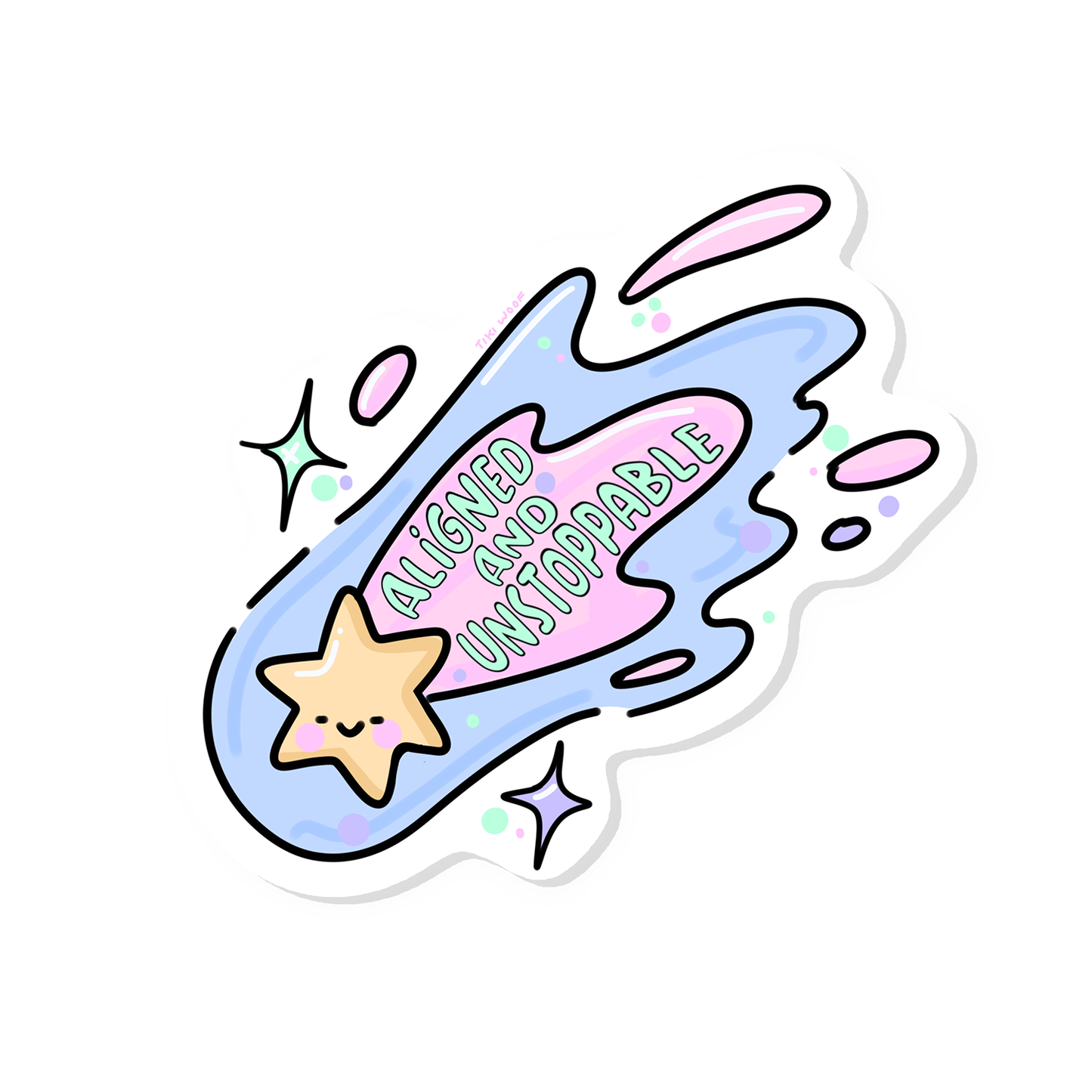 Cute pastel vinyl sticker of a smiling shooting star with the words “Aligned and Unstoppable,” surrounded by sparkles and colorful doodles — handmade by Tiki Woof Studio.
