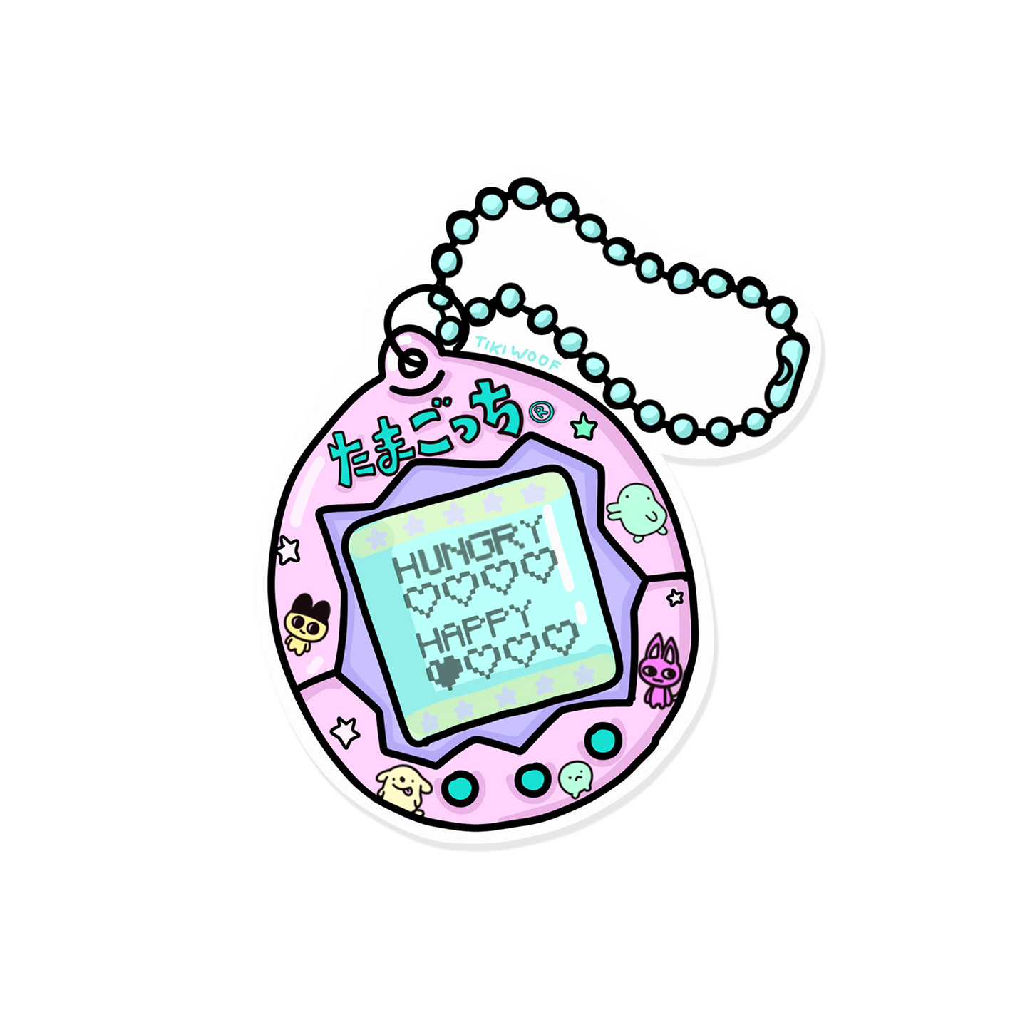 Kawaii pastel Tamagotchi digital pet sticker with pixel hearts and Japanese text, illustrated in pink and aqua tones.```