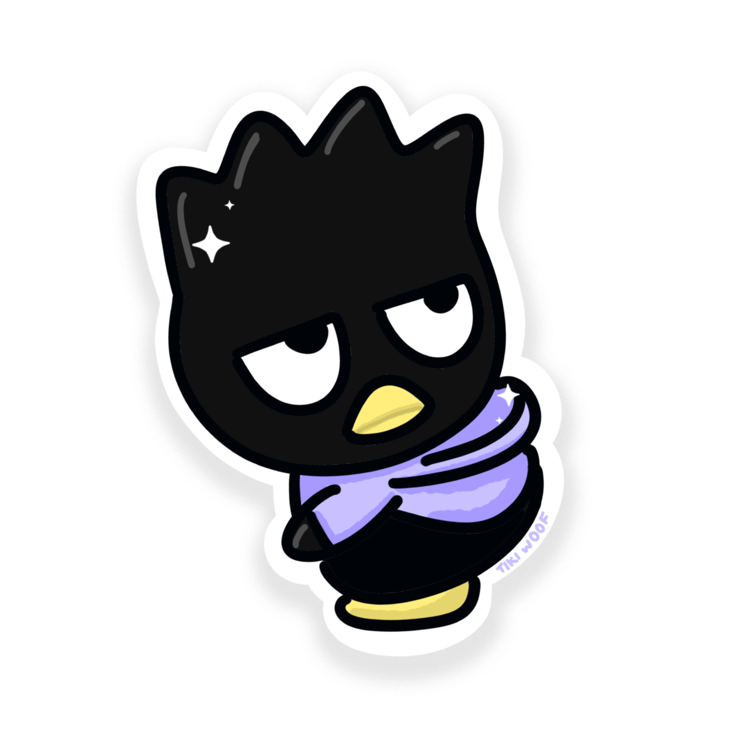 Cute black cartoon penguin sticker with a grumpy expression, wearing a purple shirt. Hand-drawn design by Tiki Woof Studio.