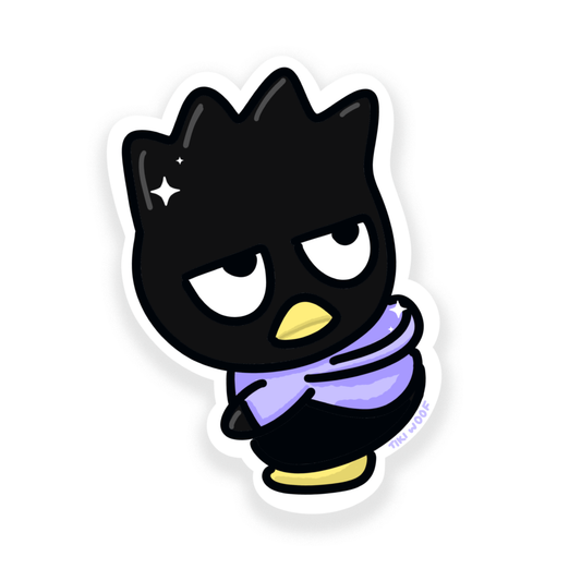 Cute black cartoon penguin sticker with a grumpy expression, wearing a purple shirt. Hand-drawn design by Tiki Woof Studio.