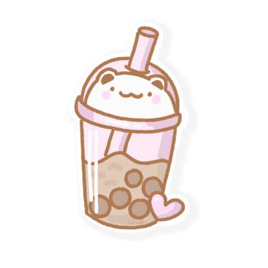 Cute pastel bubble tea sticker with a bear face in the drink and a pink straw. Hand-drawn kawaii design by Tiki Woof Studio.