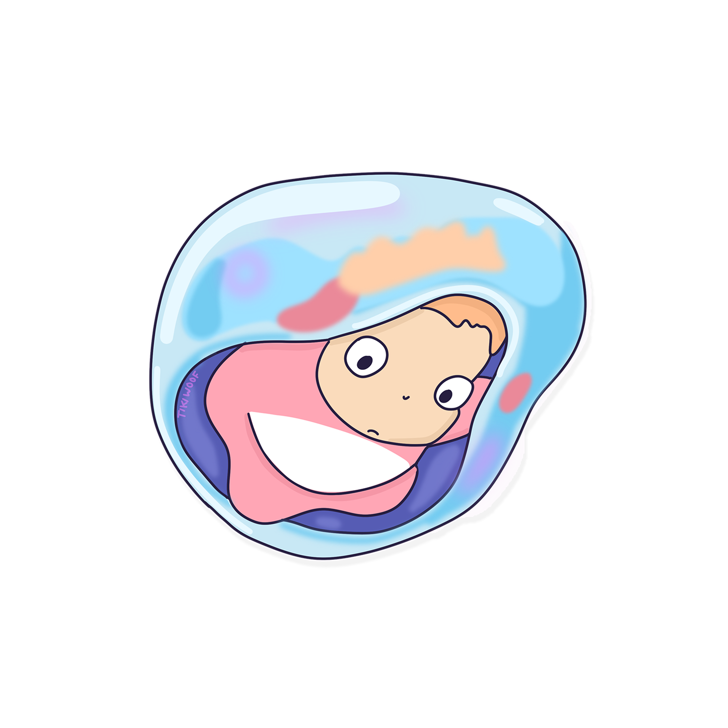 Cute Ponyo sticker showing the character smiling inside a shiny blue bubble with pastel tones.```