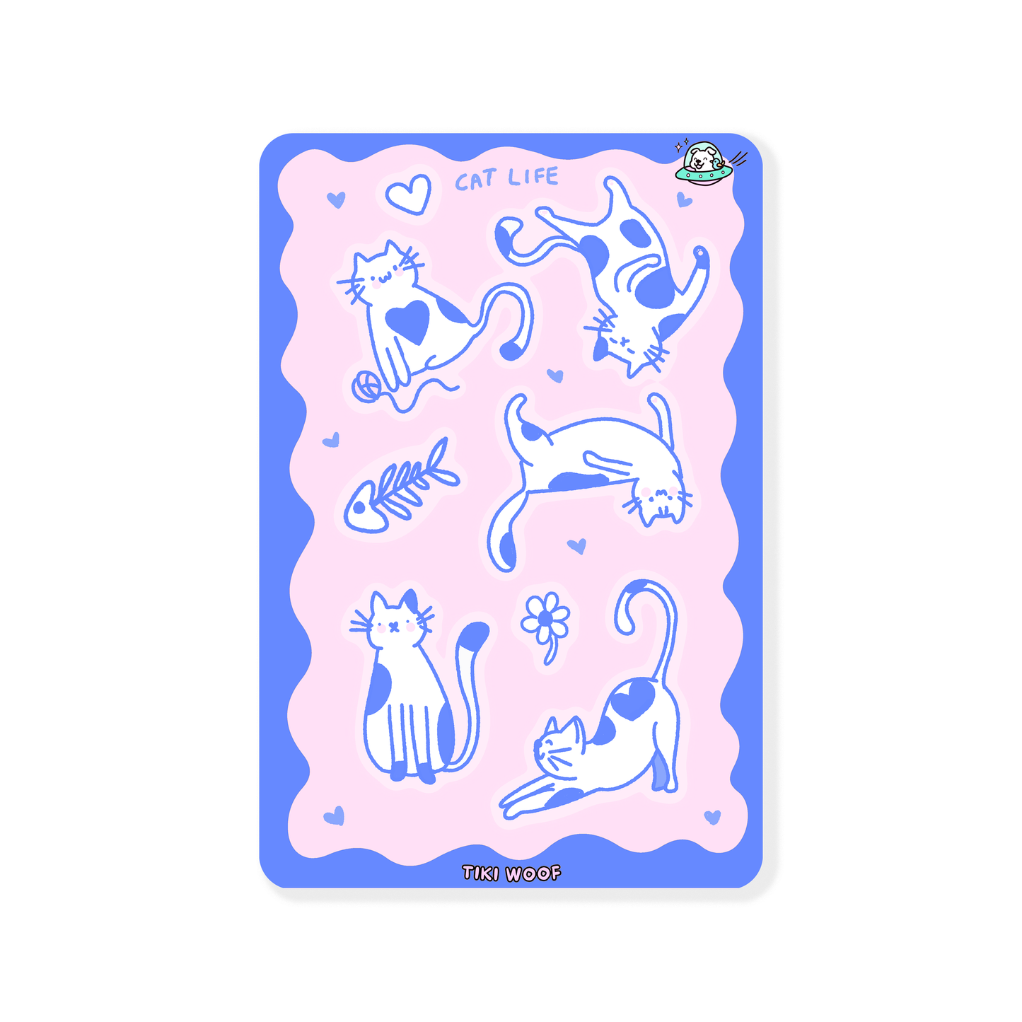Mini sticker sheet featuring pastel pink and blue cat illustrations in playful poses with hearts, flowers, and fishbone designs on a checkered background.```