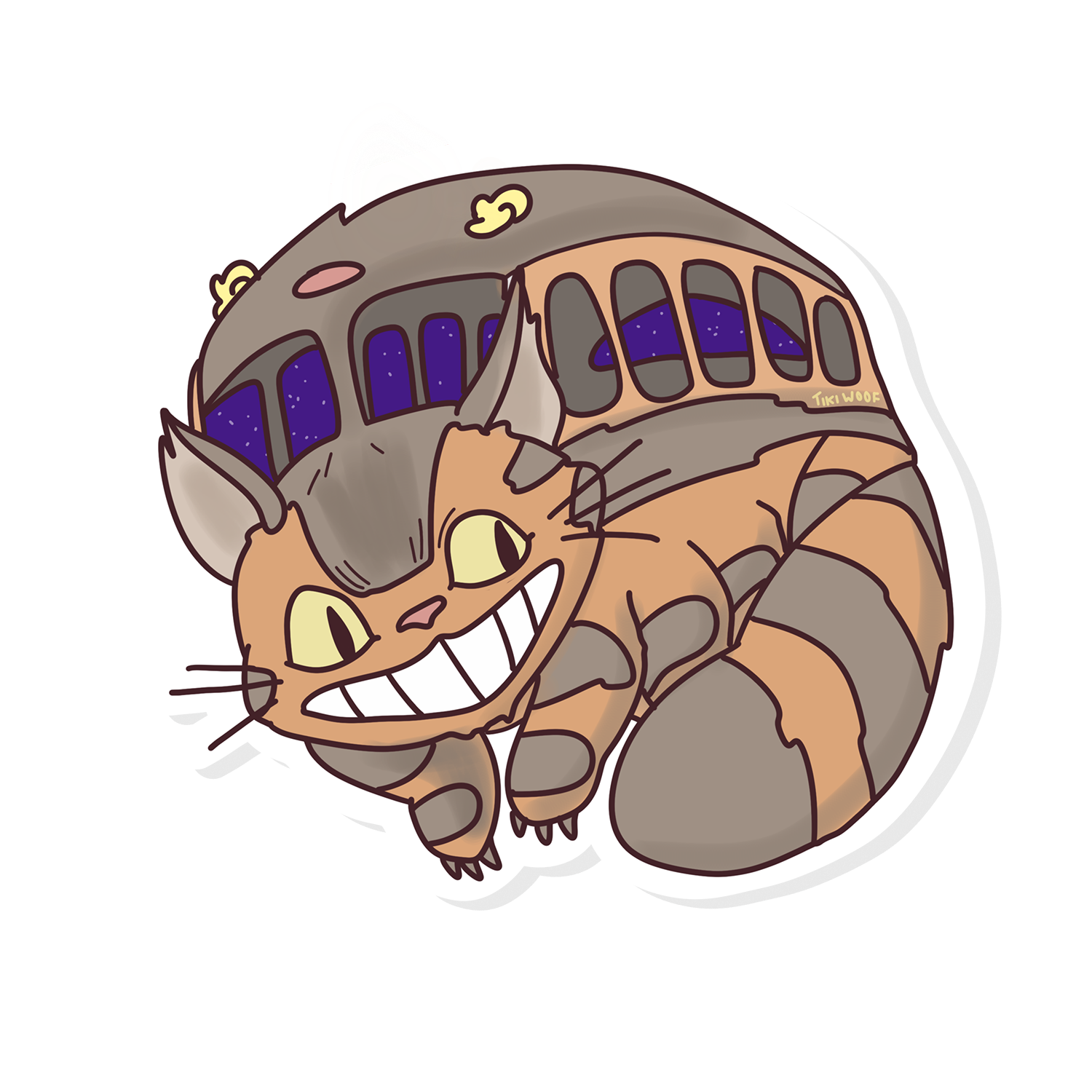 Cartoon Catbus sticker featuring a smiling brown cat with bus windows and starry night interior. Studio Ghibli inspired hand-drawn design by Tiki Woof Studio.
