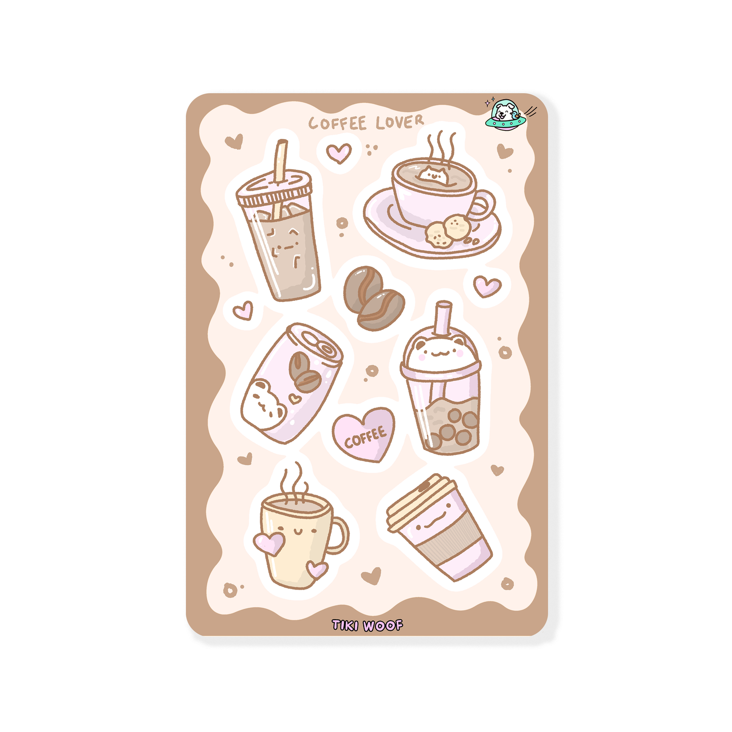 Mini sticker sheet featuring pastel brown coffee-themed illustrations including boba tea, takeaway cup, mug, coffee beans, and a cute cat coffee can on a cream background.```