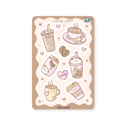 Mini sticker sheet featuring pastel brown coffee-themed illustrations including boba tea, takeaway cup, mug, coffee beans, and a cute cat coffee can on a cream background.```