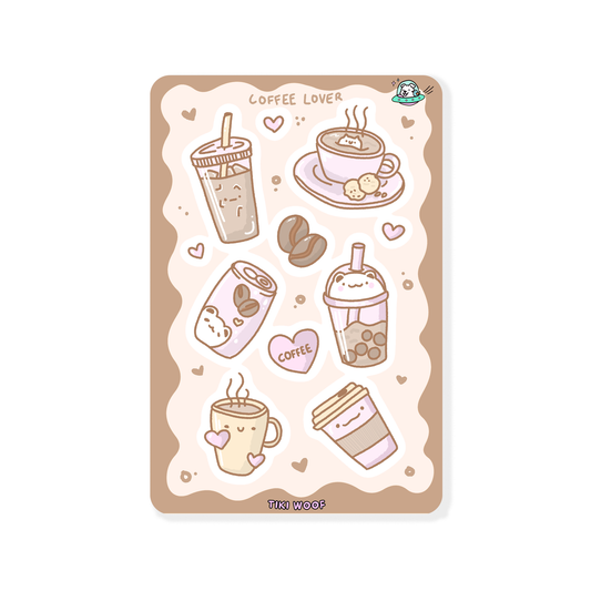 Mini sticker sheet featuring pastel brown coffee-themed illustrations including boba tea, takeaway cup, mug, coffee beans, and a cute cat coffee can on a cream background.```