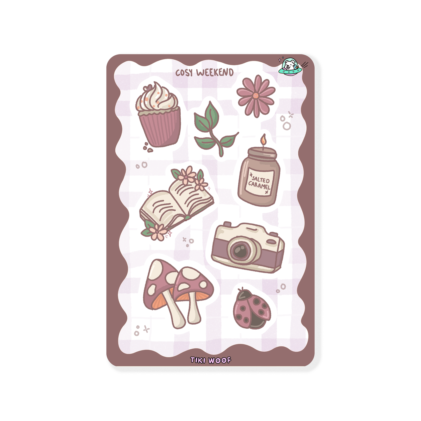 Mini sticker sheet featuring cosy weekend illustrations including a cupcake, candle, book, camera, mushrooms, flowers, and a ladybug in warm pastel brown and mauve tones.```