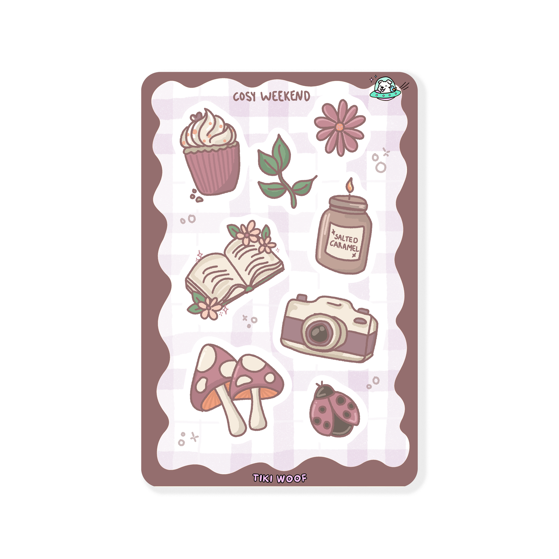 Mini sticker sheet featuring cosy weekend illustrations including a cupcake, candle, book, camera, mushrooms, flowers, and a ladybug in warm pastel brown and mauve tones.```