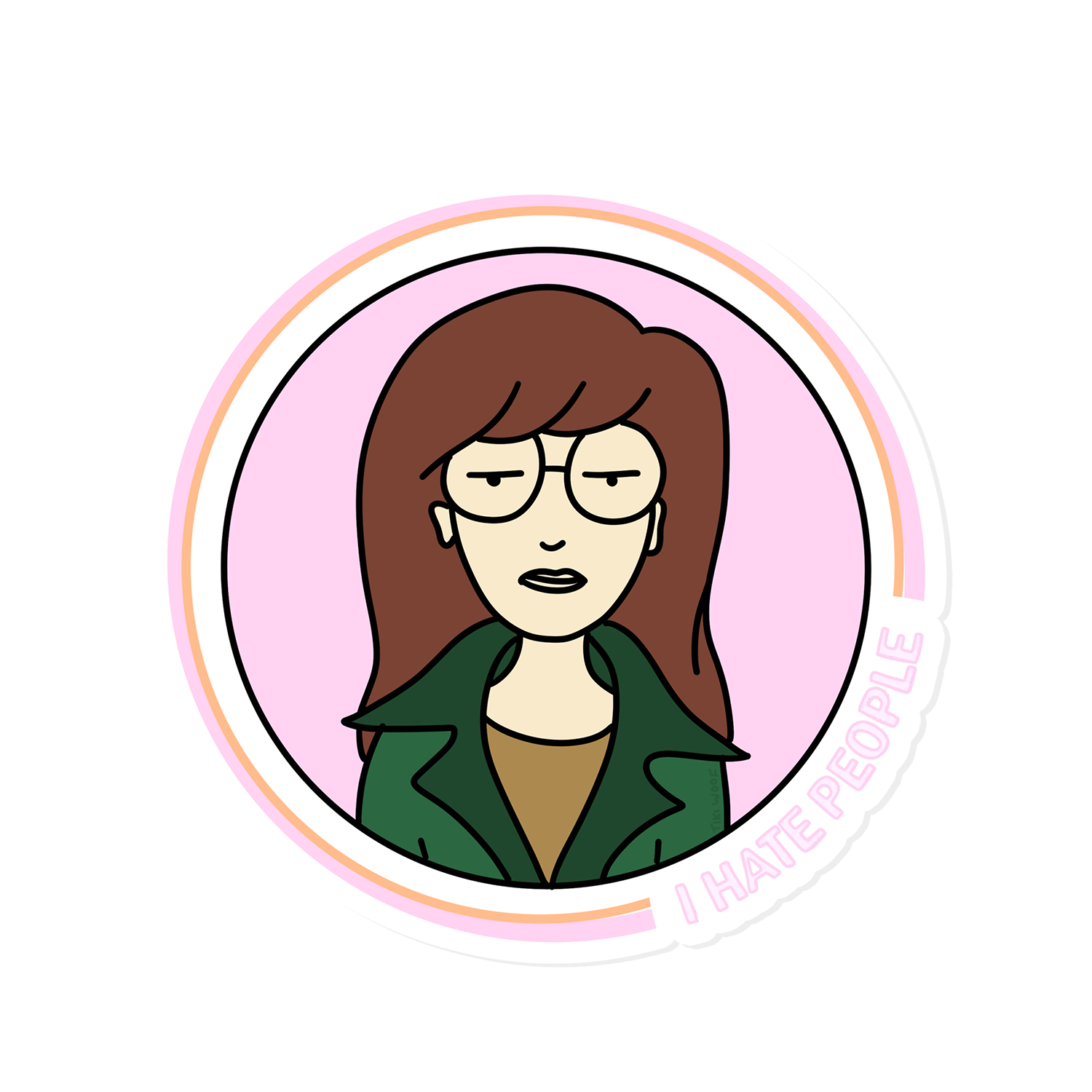Sarcastic cartoon girl sticker with glasses and brown hair, pink background circle with text “I Hate People,” humorous retro-style vinyl sticker.