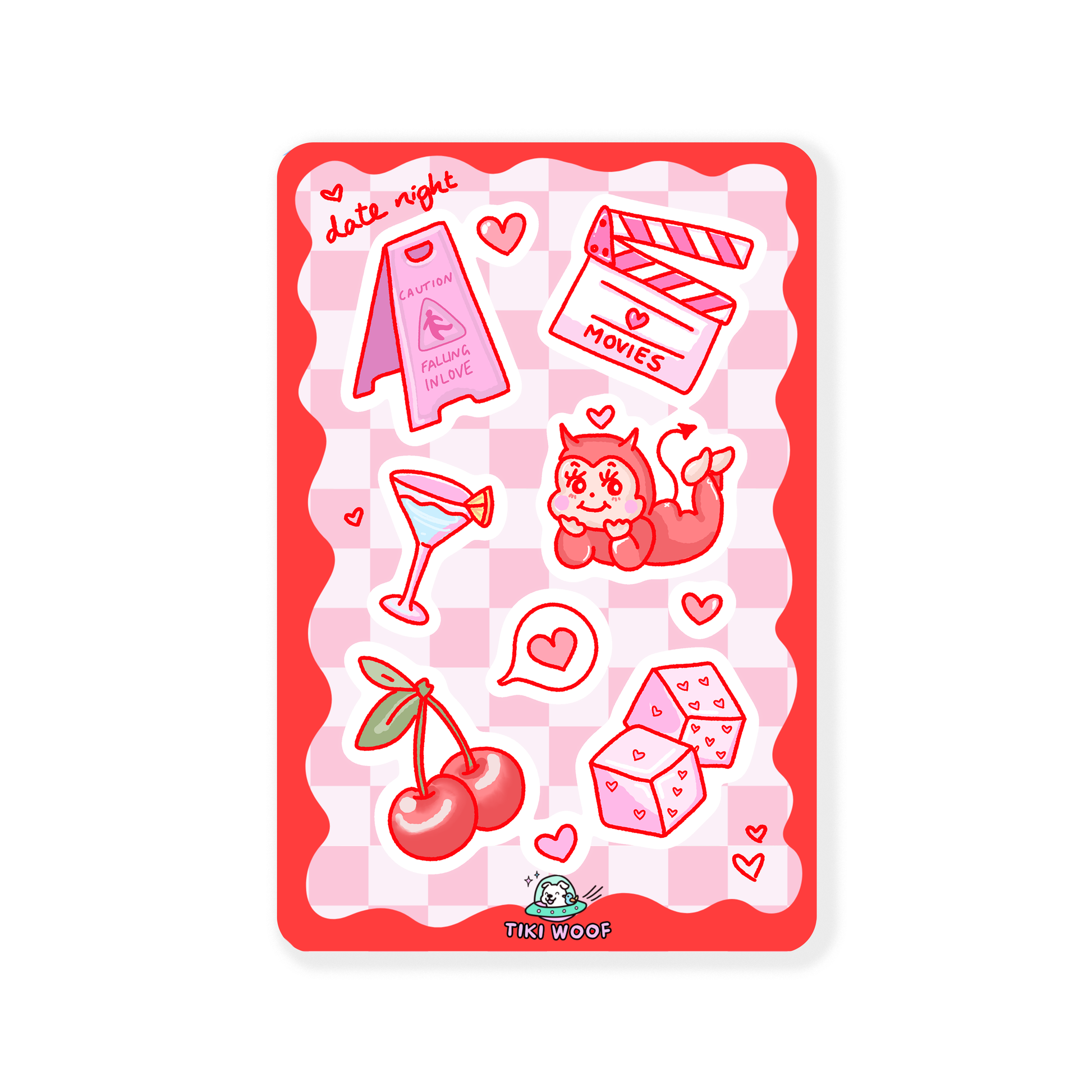 Mini sticker sheet with red and pink love-themed designs including cherries, dice, martini glass, movie clapper, and a devil mermaid on a checkered background.```