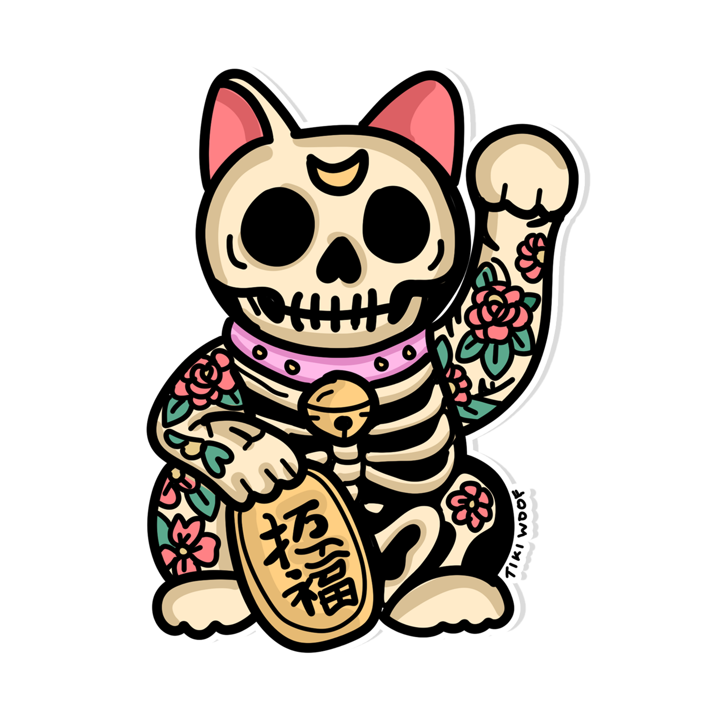 Sticker of a skeleton Maneki Neko lucky cat with floral tattoos, a pink collar, and a gold coin with Japanese writing.
