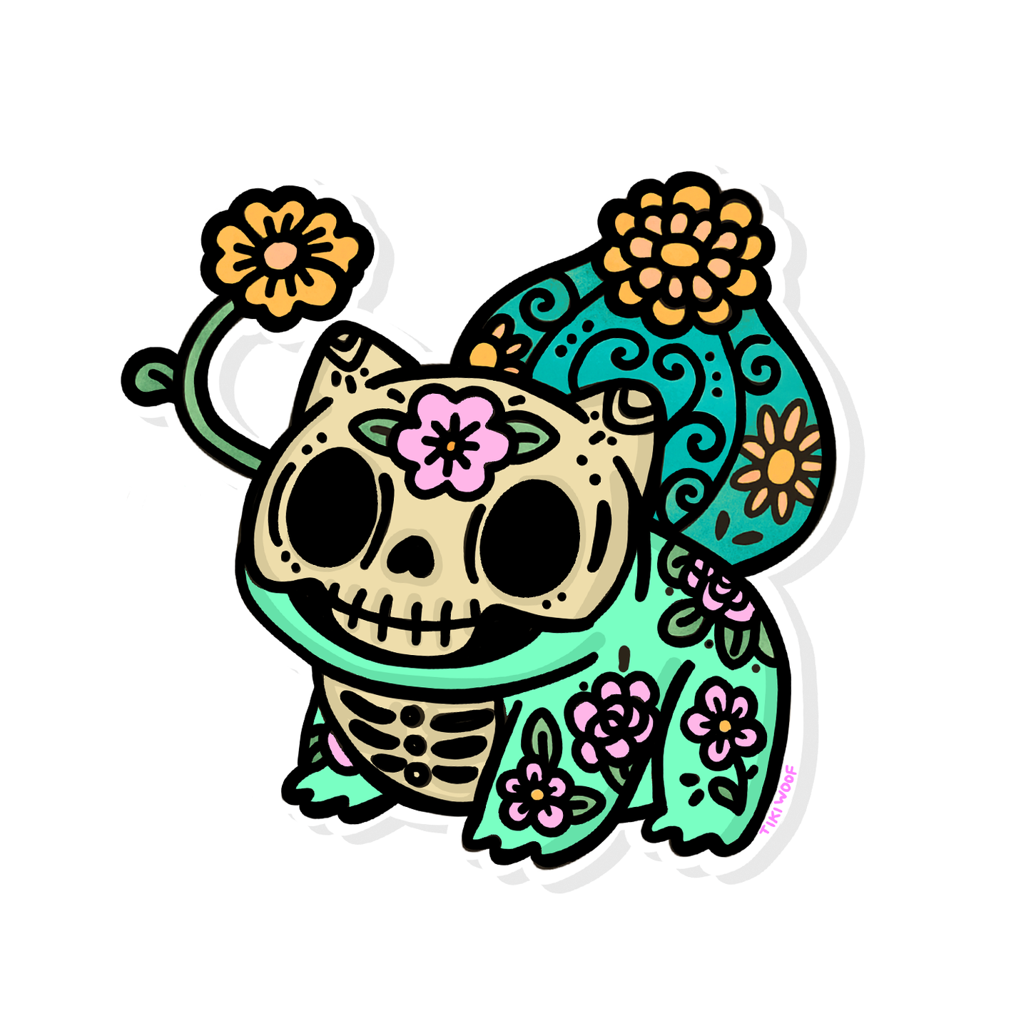 Floral sugar skull Bulbasaur sticker in teal and cream with orange and pink flowers, inspired by Day of the Dead art. Hand-drawn design by Tiki Woof Studio.
