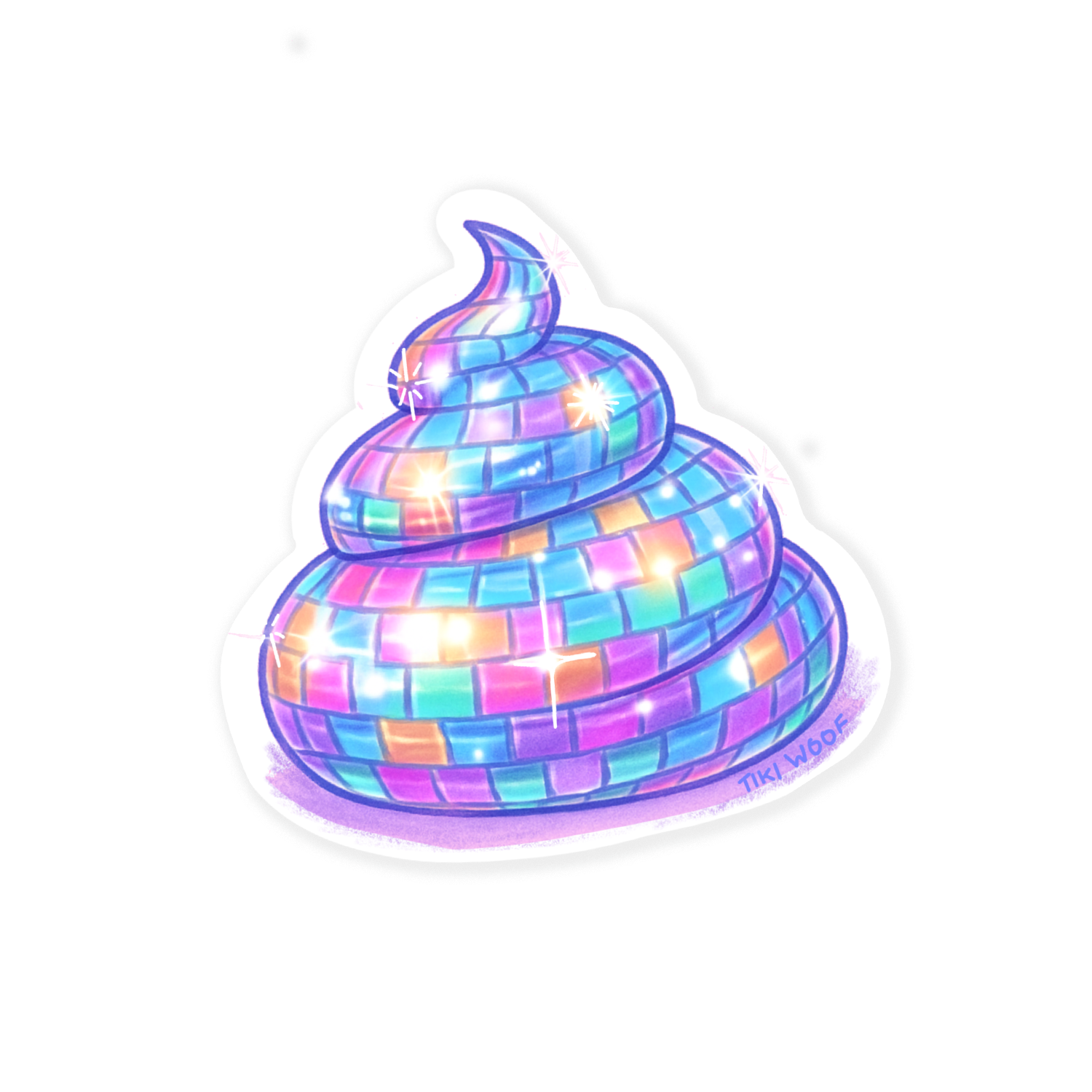 Colorful disco ball poop sticker with rainbow mirror tile pattern and glowing sparkles, funny holographic-style vinyl sticker on white background.
