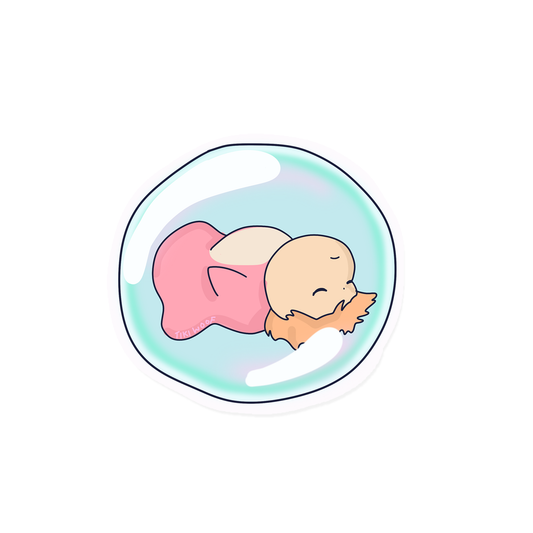 Cute sticker of Ponyo sleeping peacefully inside a shiny transparent bubble with soft pastel tones.```