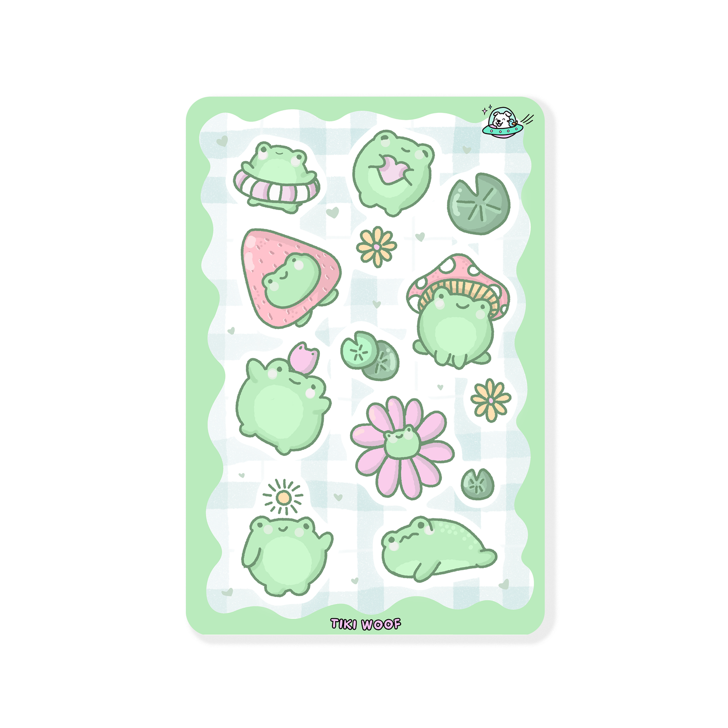 Sticker sheet with cute green frog and flower designs on a white background