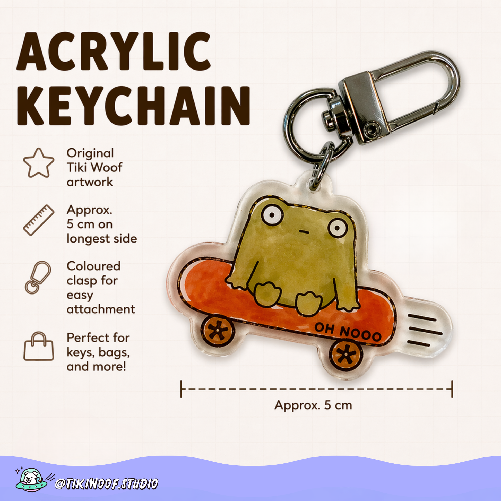 Acrylic keychain with a frog design on a white background