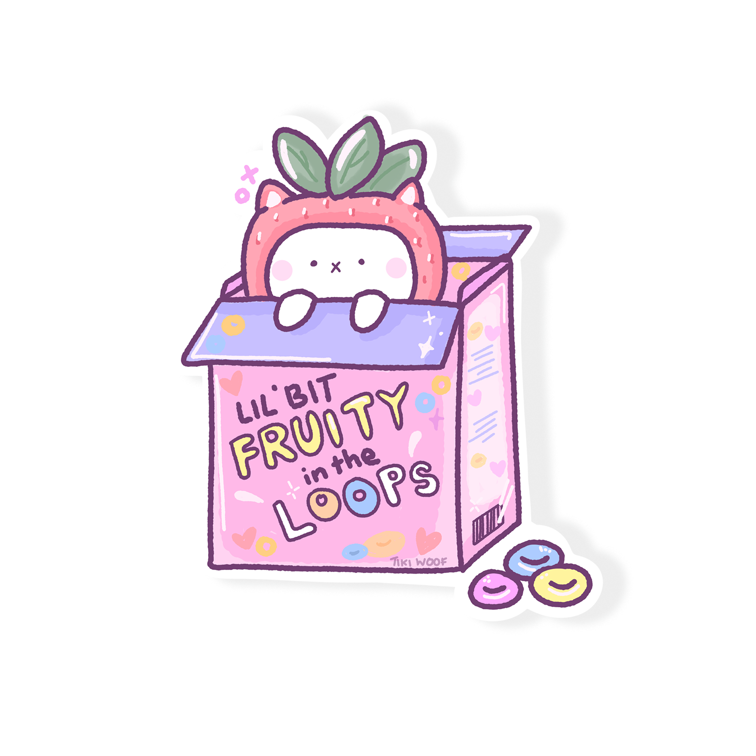 Cute pastel sticker of a bunny in a strawberry hood popping out of a pink cereal box that says “Lil’ Bit Fruity in the Loops,” kawaii-style vinyl sticker with cereal loops beside it.
