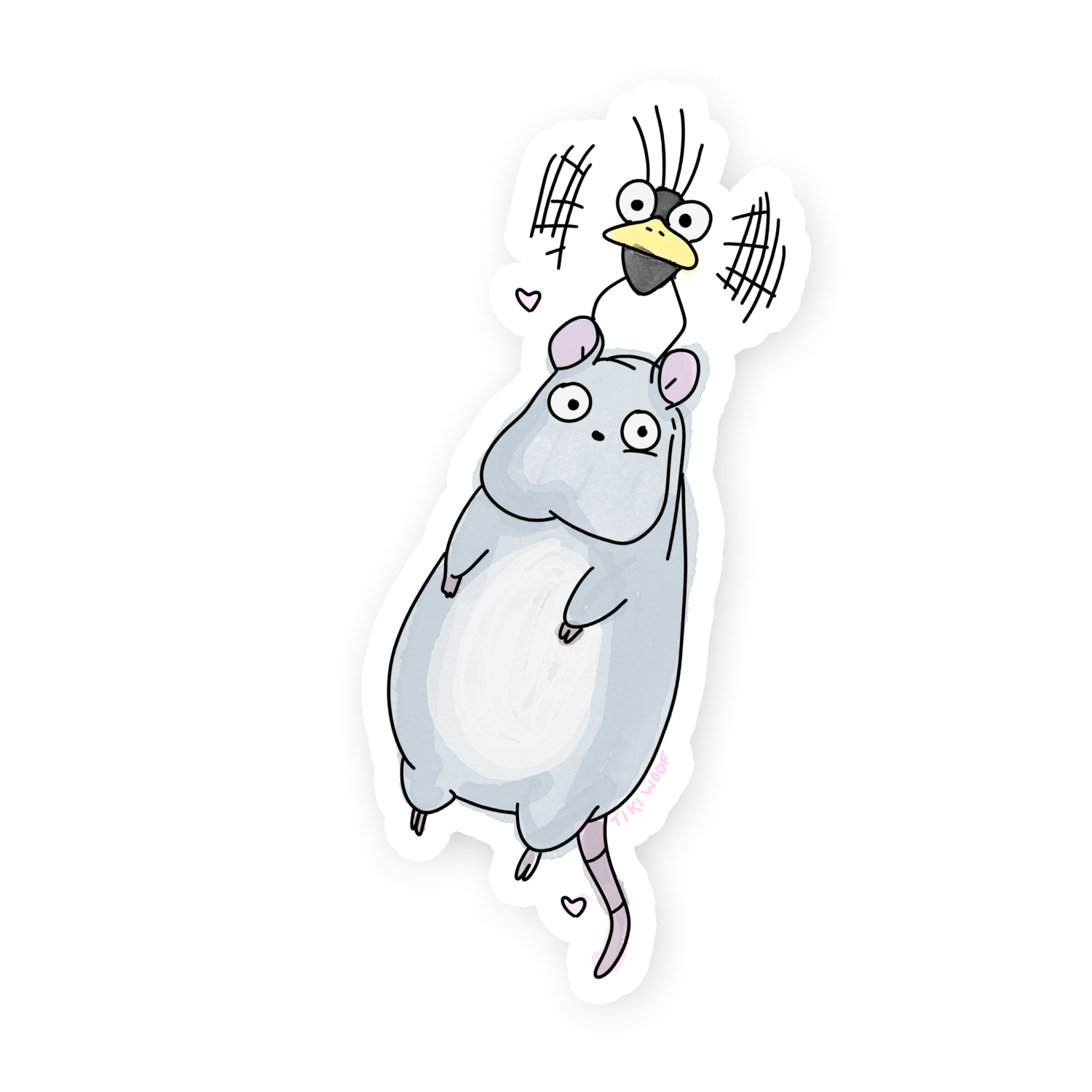 Cute pastel sticker of the Ghibli mouse standing upright with a small black bird with a yellow beak sitting on its head.```
