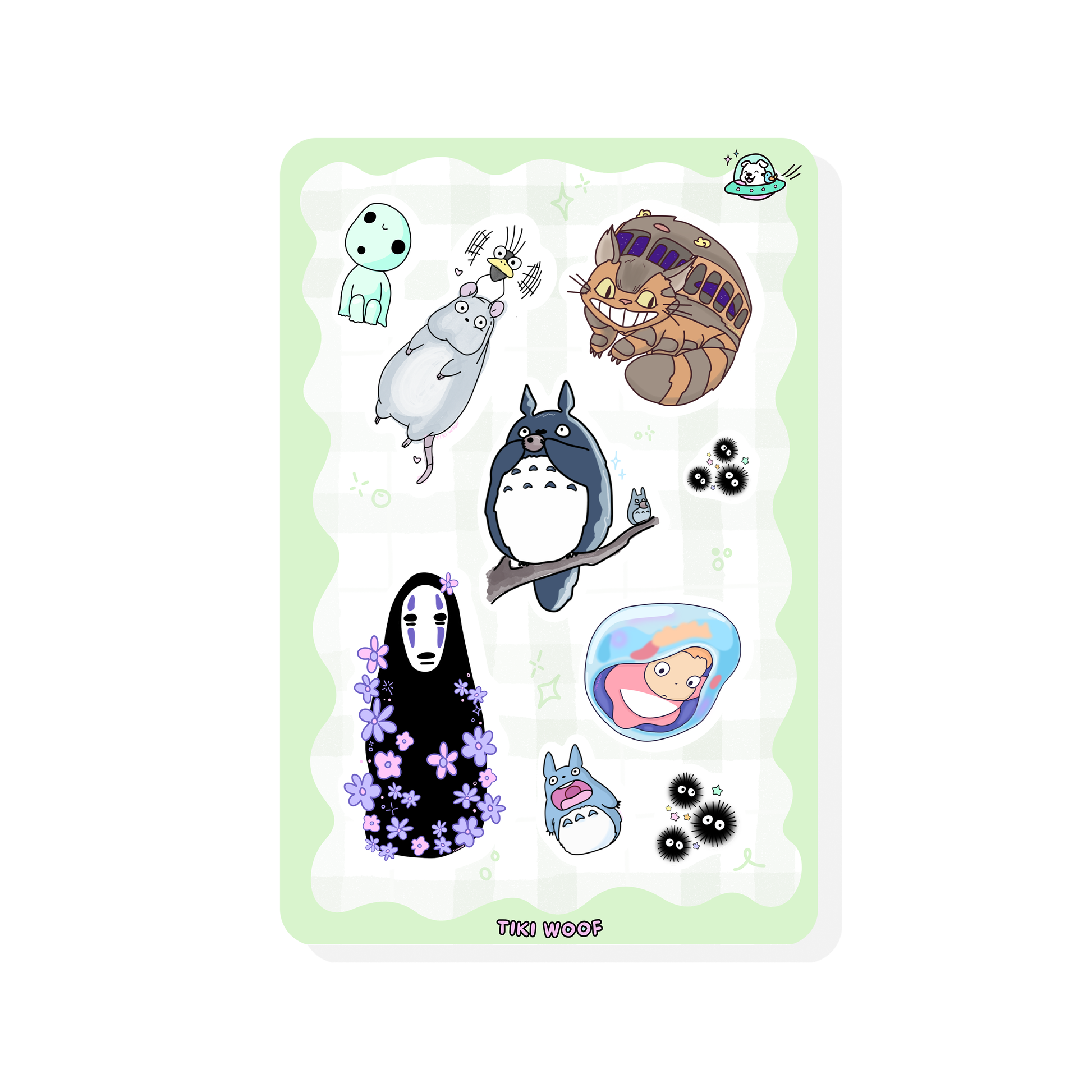 Mini sticker sheet featuring Studio Ghibli inspired characters including Totoro, No-Face, Ponyo, Catbus, soot sprites, and Kodama on a soft green checkered background.```
