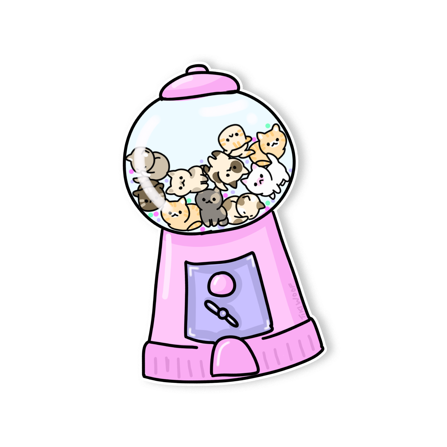 Kawaii pastel sticker of a pink gumball machine filled with cute cartoon cats, adorable vinyl sticker design on white background.
