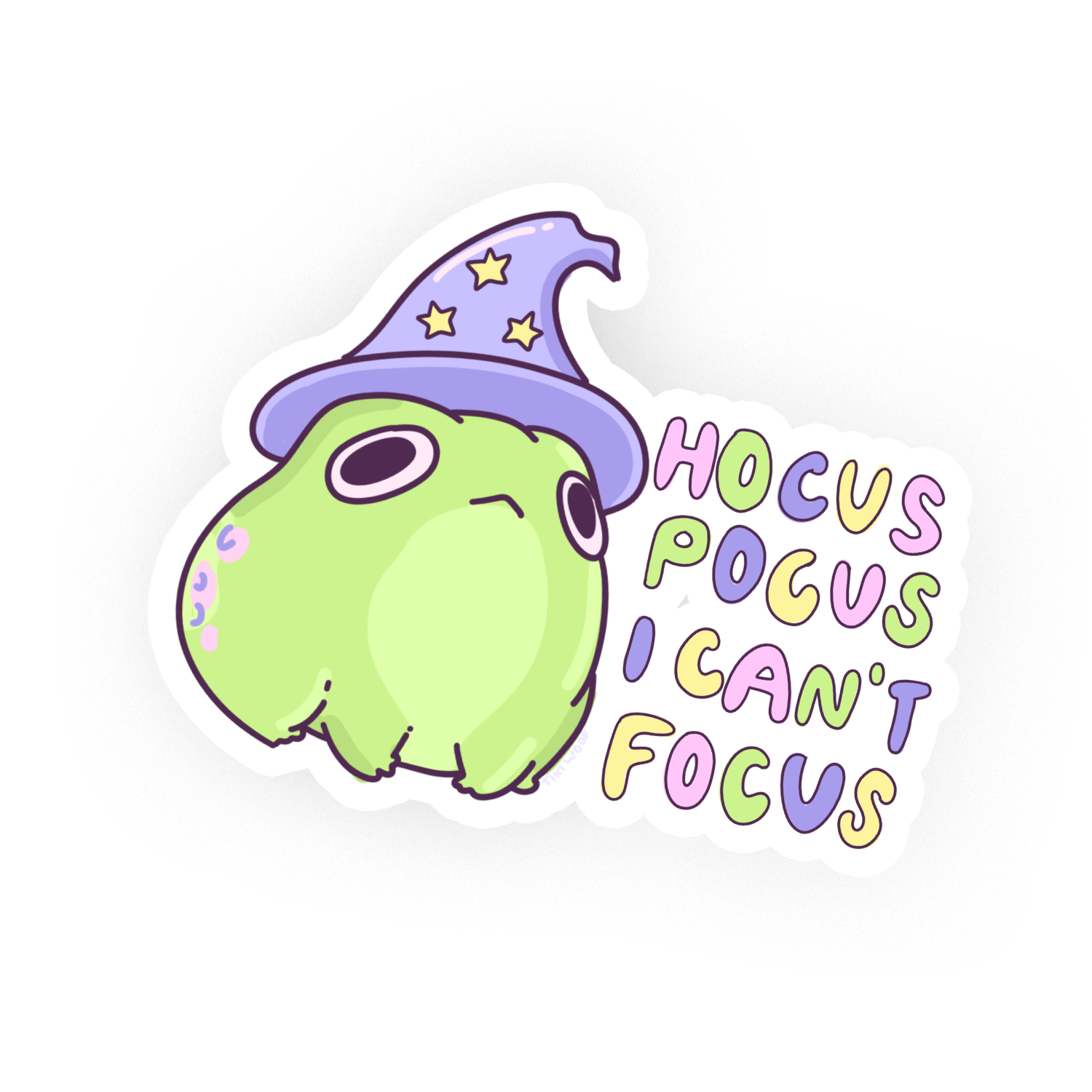 Kawaii green frog wearing a purple wizard hat with stars, next to colorful text that reads “Hocus Pocus I Can’t Focus,” cute pastel vinyl sticker on white background.
