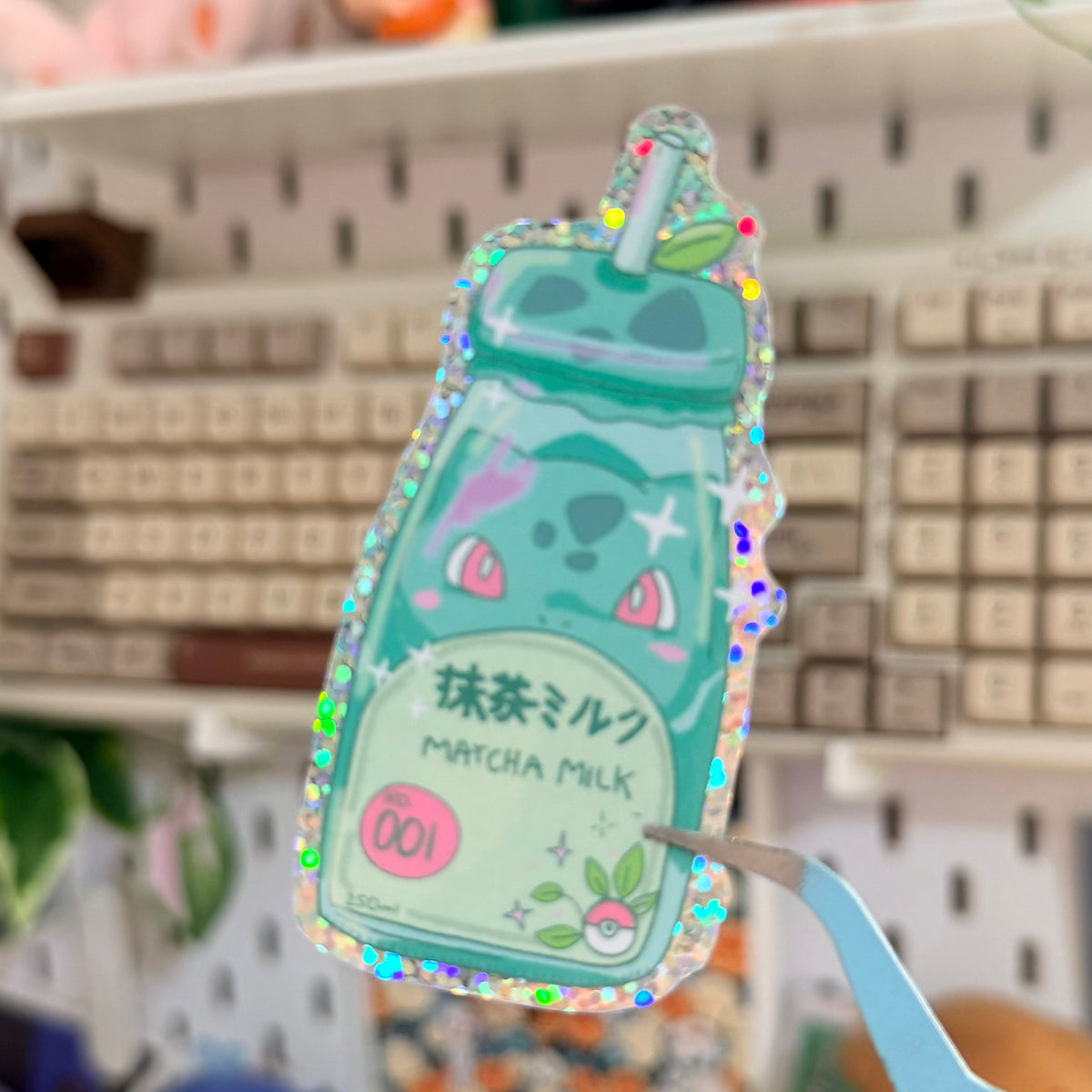 Matcha Bulba Glitter Sticker featuring mint green Bulbasaur-inspired matcha drink can.