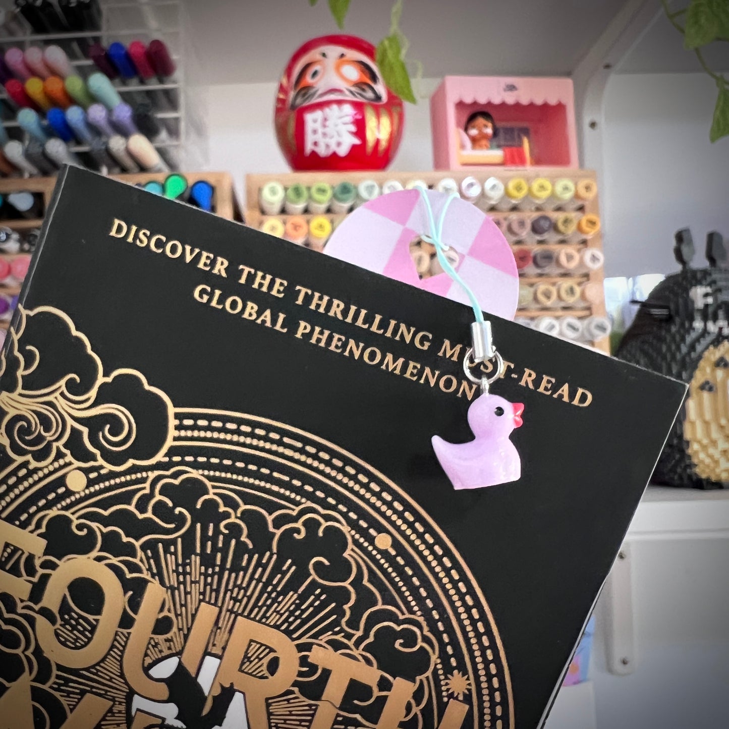 Charm Bookmark Pink Checkered Ducky