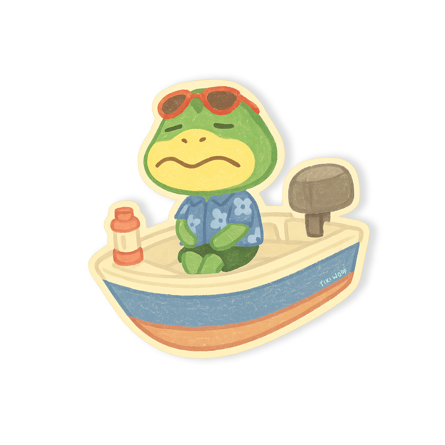 Watercolor-style sticker of a green frog wearing sunglasses and a blue Hawaiian shirt, sitting in a small boat with an oar motor, Animal Crossing-inspired vinyl sticker.
