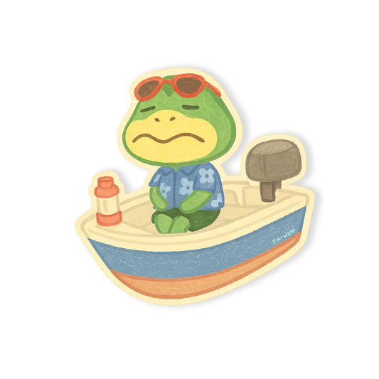 Watercolor-style sticker of a green frog wearing sunglasses and a blue Hawaiian shirt, sitting in a small boat with an oar motor, Animal Crossing-inspired vinyl sticker.
