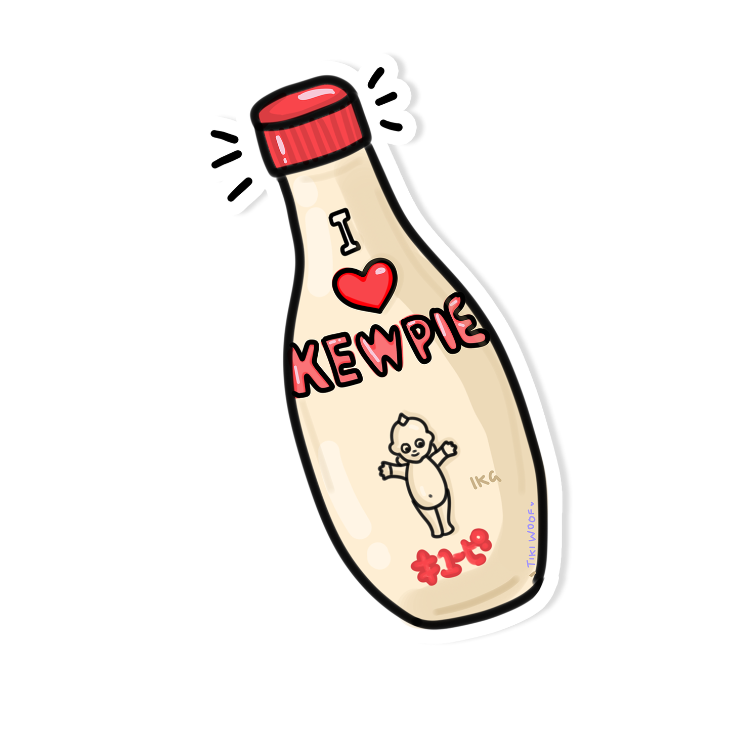 Kawaii sticker of a Kewpie mayonnaise bottle with red cap and the words “I ❤️ Kewpie” and small Kewpie doll graphic, cute Japanese-inspired vinyl sticker.
