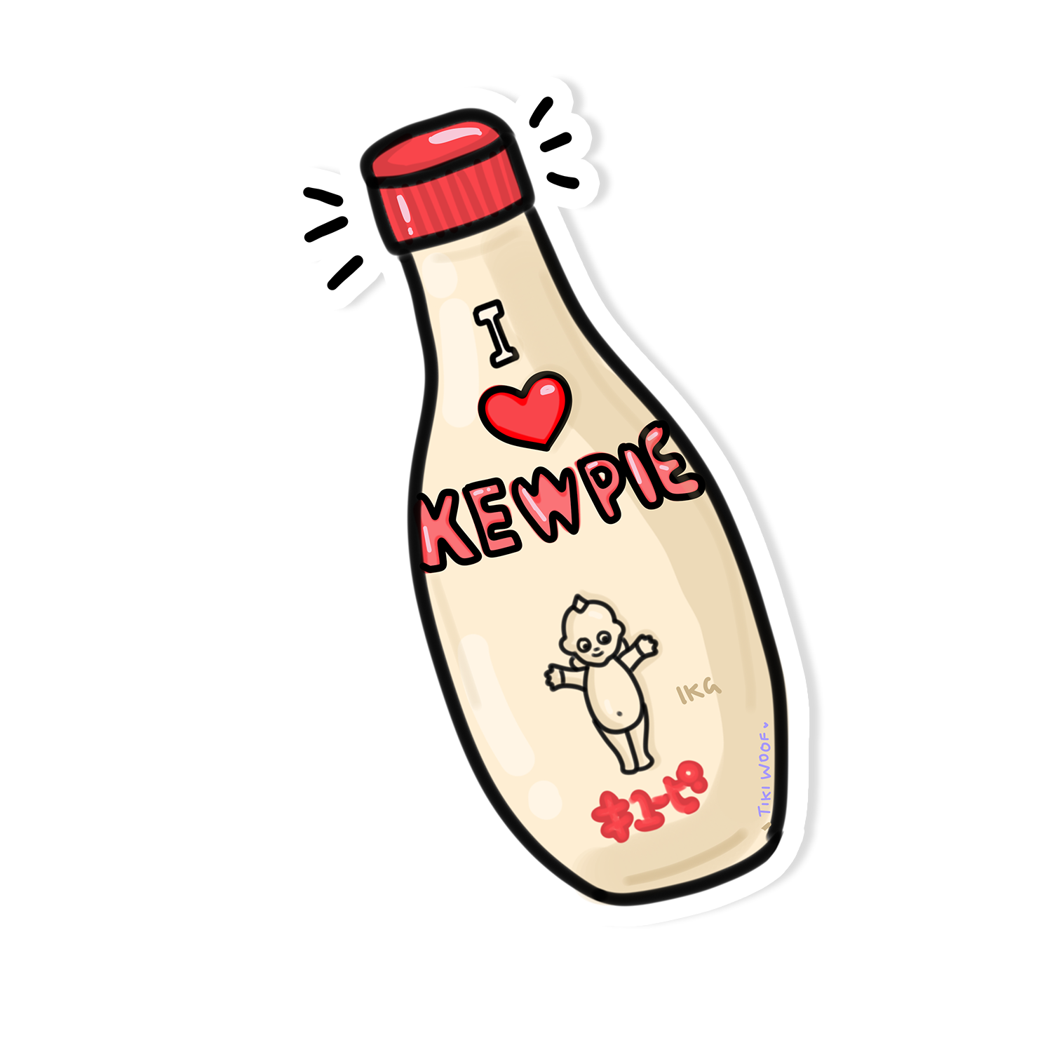 Kawaii sticker of a Kewpie mayonnaise bottle with red cap and the words “I ❤️ Kewpie” and small Kewpie doll graphic, cute Japanese-inspired vinyl sticker.
