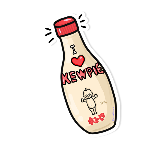 Kawaii sticker of a Kewpie mayonnaise bottle with red cap and the words “I ❤️ Kewpie” and small Kewpie doll graphic, cute Japanese-inspired vinyl sticker.
